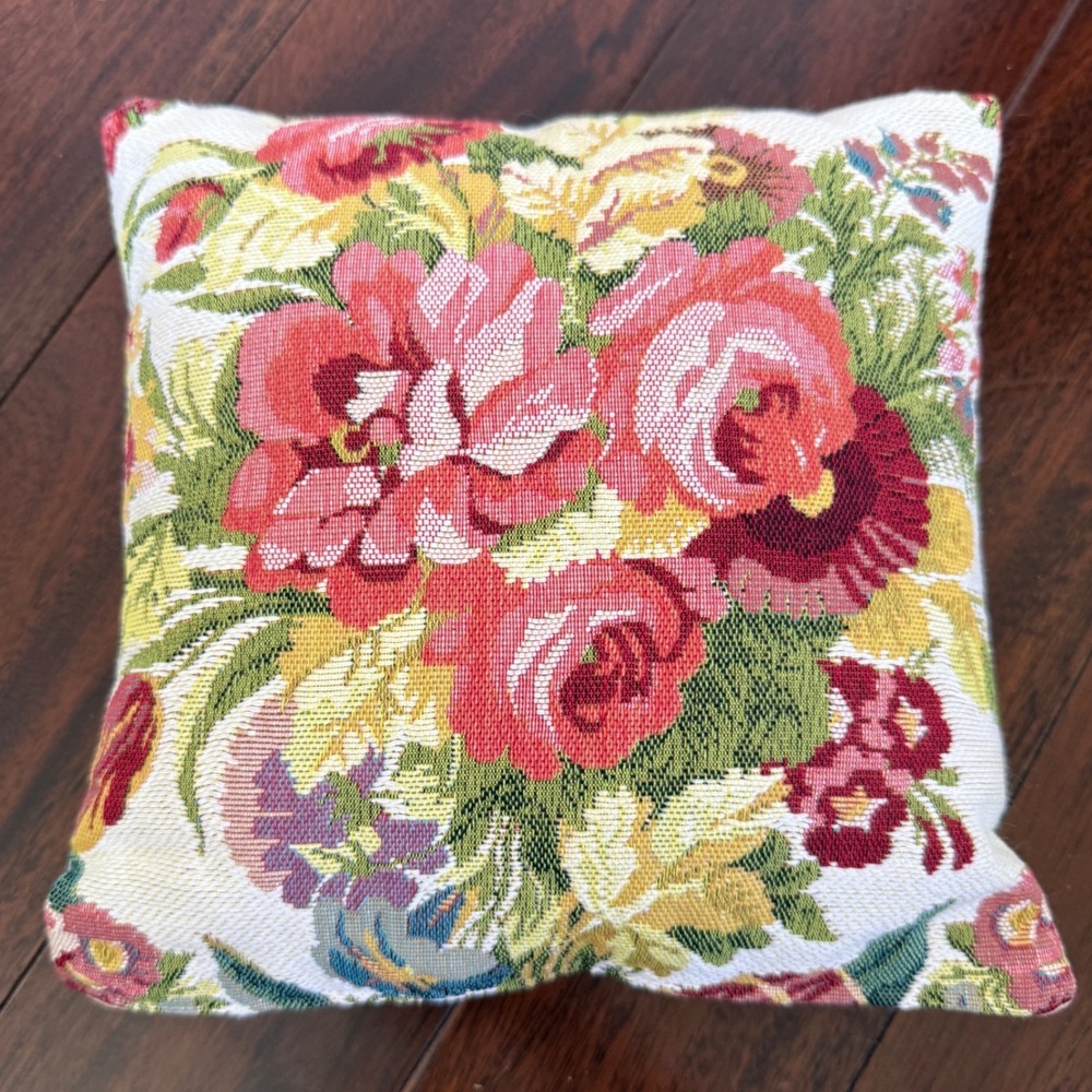 Vintage French Tapestry Floral Pillow 9x9 Art de Lys Needlepoint Cushion‎